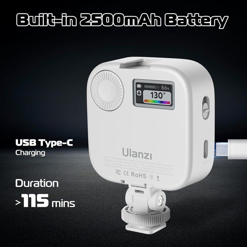 VIJIM ضوء الفيديو RGB Ulanzi U60، ضوء كاميرا LED محمول مع 360° لون CRI≥95 2500-9000K مصباح لوحة قابل للتعتيم، إضاءة تصوير LED بسعة 2500mAh مع محول حذاء بارد سريع الإطلاق ومشبك - أبيض - Image 3